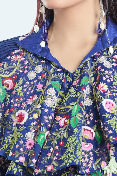 Anamika Khanna_Blue Cotton, Silk Embroidery Collared Floral Peplum Top And Palazzo Set_at_Aza_Fashions