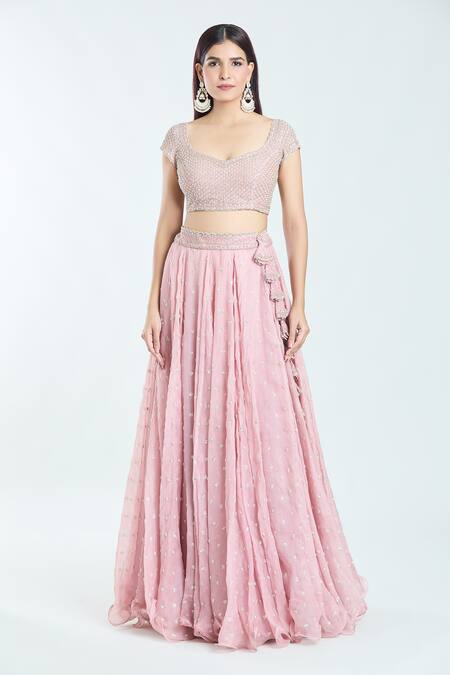 Anushree Reddy_Pink Organza Embroidery, Sequins, Beads Scoop Neck Apsara Lehenga Set _Online_at_Aza_Fashions