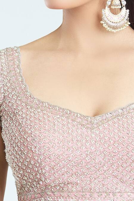 Buy_Anushree Reddy_Pink Organza Embroidery, Sequins, Beads Scoop Neck Apsara Lehenga Set _Online_at_Aza_Fashions
