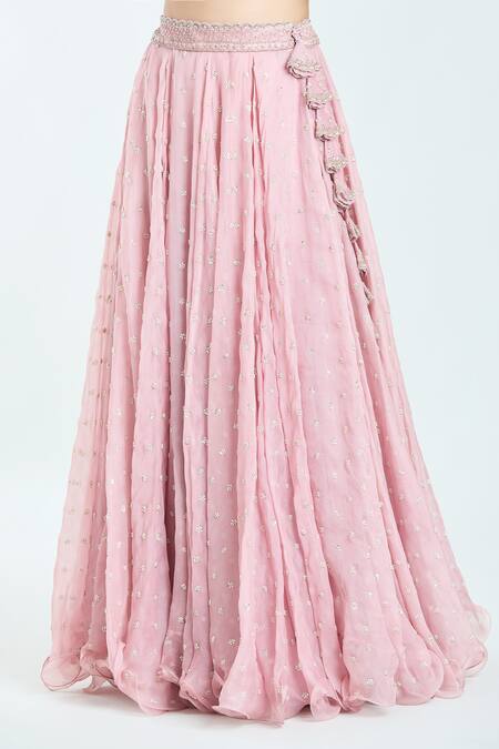 Shop_Anushree Reddy_Pink Organza Embroidery, Sequins, Beads Scoop Neck Apsara Lehenga Set _Online_at_Aza_Fashions