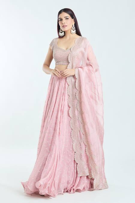 Anushree Reddy_Pink Organza Embroidery, Sequins, Beads Scoop Neck Apsara Lehenga Set _at_Aza_Fashions