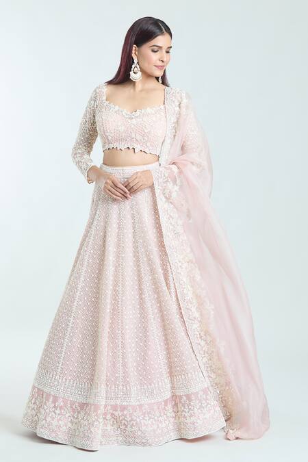 Anushree Reddy_Pink Organza Embroidered Pearls Cutwork V Galilea Bridal Lehenga Set _at_Aza_Fashions
