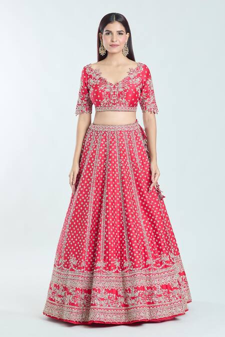 Buy Anushree Reddy Red Silk, Chiffon Embroidery, Zari V-neck Leh Nyomaa Raw Bridal Lehenga Set Online at Aza Fashions Buy_Anushree Reddy_Red Silk, Chiffon Embroidery, Zari V-neck Leh Nyomaa Raw Bridal Lehenga Set _Online_at_Aza_Fashions