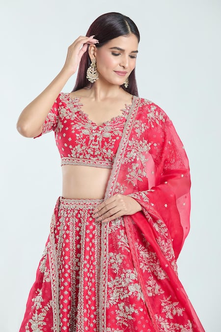 Anushree Reddy Red Silk, Chiffon Embroidery, Zari V-neck Leh Nyomaa Raw Bridal Lehenga Set at Aza Fashions Anushree Reddy_Red Silk, Chiffon Embroidery, Zari V-neck Leh Nyomaa Raw Bridal Lehenga Set _at_Aza_Fashions