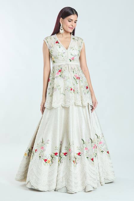 Buy_Anushree Reddy_Grey Silk, Organza Embroidery, Pearls, Airah Peplum Jacket And Lehenga Set _Online_at_Aza_Fashions