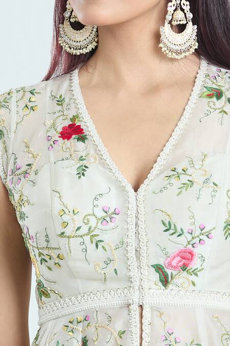 Anushree Reddy_Grey Silk, Organza Embroidery, Pearls, Airah Peplum Jacket And Lehenga Set _at_Aza_Fashions