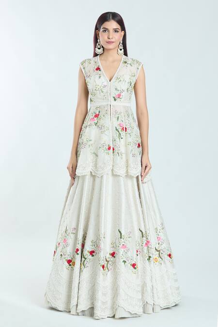 Buy_Anushree Reddy_Grey Silk, Organza Embroidery, Pearls, Airah Peplum Jacket And Lehenga Set 