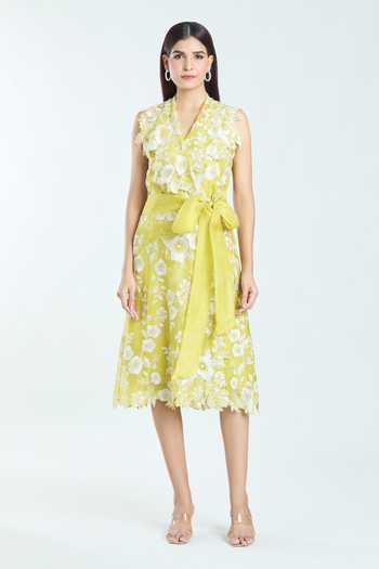 Anushree Reddy_Yellow Organza Embroidered Floral Dress Lapel Wrap Jacket _Online_at_Aza_Fashions