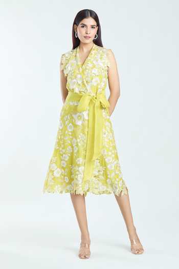 Buy_Anushree Reddy_Yellow Organza Embroidered Floral Dress Lapel Wrap Jacket _Online_at_Aza_Fashions