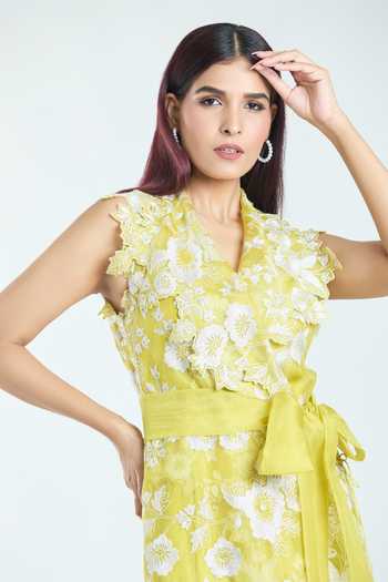 Shop_Anushree Reddy_Yellow Organza Embroidered Floral Dress Lapel Wrap Jacket _Online_at_Aza_Fashions