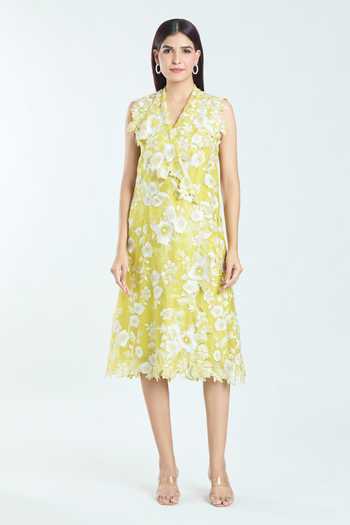 Buy_Anushree Reddy_Yellow Organza Embroidered Floral Dress Lapel Wrap Jacket 