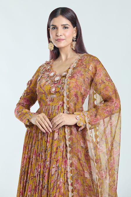 Shop Ridhima Bhasin Yellow Organza, Chiffon Embroidery Printed And Embellished Anarkali With Dupatta Online at Aza Fashions Shop_Ridhima Bhasin_Yellow Organza, Chiffon Embroidery Printed And Embellished Anarkali With Dupatta _Online_at_Aza_Fashions