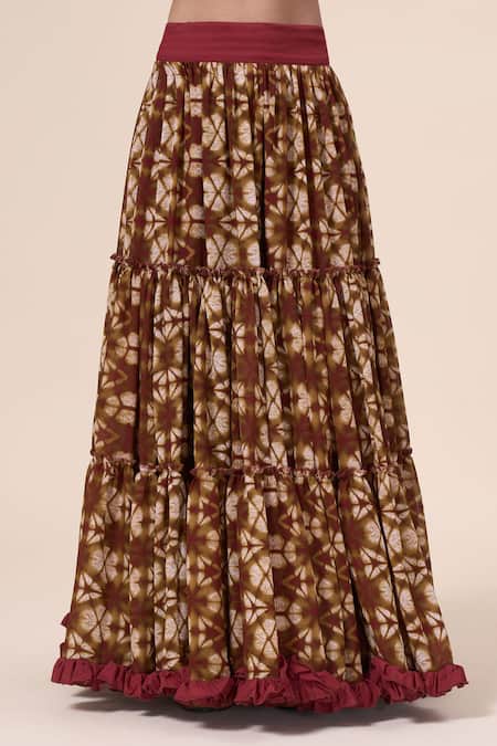 Buy_Naintara Bajaj_Maroon Georgette Ruffles, Tassels Polo Collar Cosmos Pattern Lehenga Set 