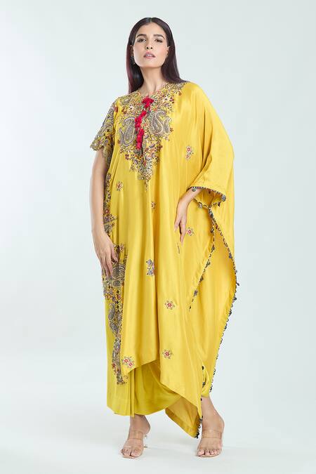 Anamika Khanna Yellow Silk Sequins Round Neck Paisley Embroidered Kaftan With Draped Skirt at Aza Fashions Anamika Khanna_Yellow Silk Sequins Round Neck Paisley Embroidered Kaftan With Draped Skirt_at_Aza_Fashions