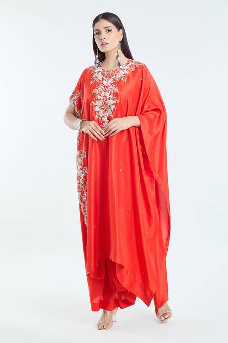 Anamika Khanna Red Silk Cut Work Round Neck Floral Embroidered Kaftan And Draped Skirt Set at Aza Fashions Anamika Khanna_Red Silk Cut Work Round Neck Floral Embroidered Kaftan And Draped Skirt Set_at_Aza_Fashions