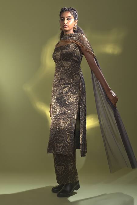 Buy Aurul Blue Silk, Brocade Embroidery, Crystals Floral Pattern Straight Kurta Set Buy_Aurul_Blue Silk, Brocade Embroidery, Crystals Floral Pattern Straight Kurta Set