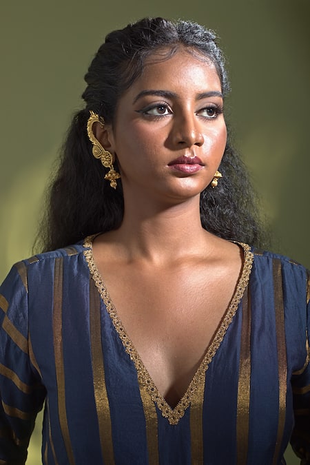 Aurul_Blue Tissue, Chanderi , Lace Detailed Neckline Anarkali With Dupatta _Online_at_Aza_Fashions