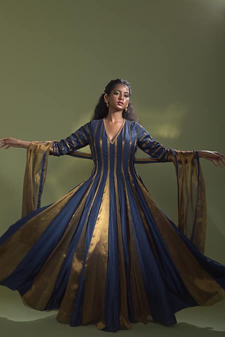 Buy_Aurul_Blue Tissue, Chanderi , Lace Detailed Neckline Anarkali With Dupatta _Online_at_Aza_Fashions