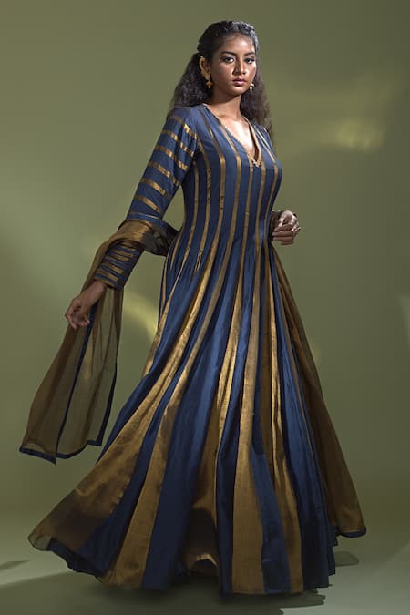 Shop_Aurul_Blue Tissue, Chanderi , Lace Detailed Neckline Anarkali With Dupatta _Online_at_Aza_Fashions