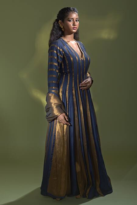 Aurul_Blue Tissue, Chanderi , Lace Detailed Neckline Anarkali With Dupatta _at_Aza_Fashions