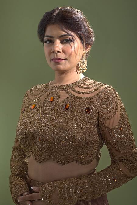 Aurul_Brown Net, Linen, Brocade, Silk Crystals, Embroidered Blouse Lehenga Set _Online_at_Aza_Fashions