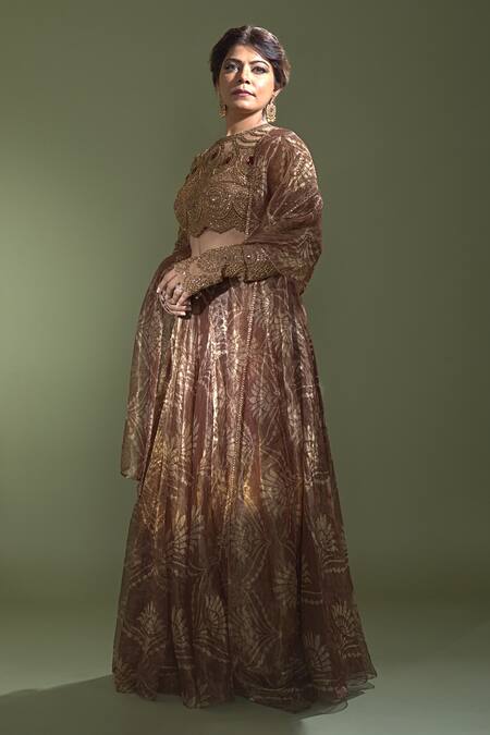 Buy_Aurul_Brown Net, Linen, Brocade, Silk Crystals, Embroidered Blouse Lehenga Set _Online_at_Aza_Fashions
