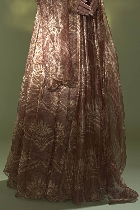 Shop_Aurul_Brown Net, Linen, Brocade, Silk Crystals, Embroidered Blouse Lehenga Set _Online_at_Aza_Fashions