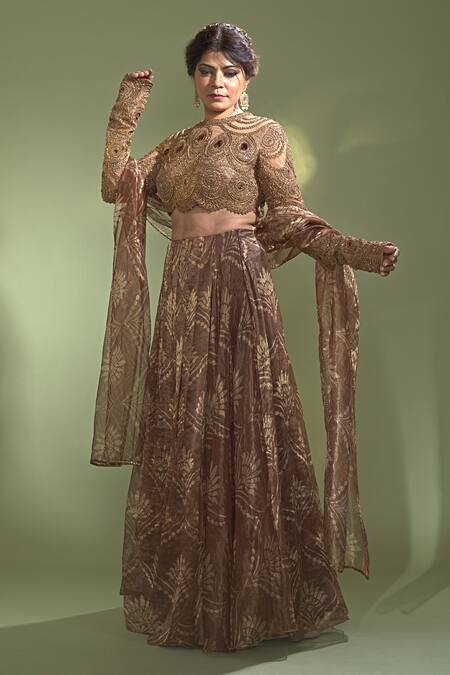 Aurul_Brown Net, Linen, Brocade, Silk Crystals, Embroidered Blouse Lehenga Set _at_Aza_Fashions