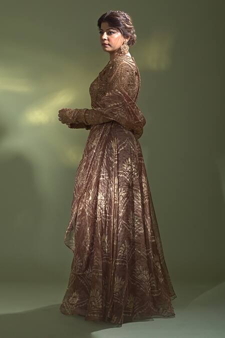 Shop_Aurul_Brown Net, Linen, Brocade, Silk Crystals, Embroidered Blouse Lehenga Set 