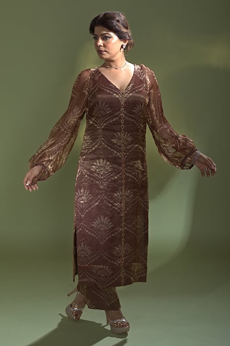 Buy Aurul Brown Tissue, , Chanderi Crystals, Floral Pattern Kuta Pant Set Buy_Aurul_Brown Tissue, , Chanderi Crystals, Floral Pattern Kuta Pant Set