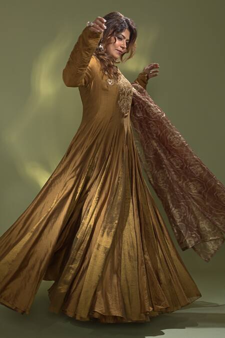 Aurul Gold Silk Embroidery Round Neck Embellished Anarkali With Dupatta at Aza Fashions Aurul_Gold Silk Embroidery Round Neck Embellished Anarkali With Dupatta _at_Aza_Fashions