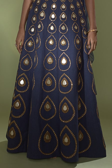 Buy Aurul Blue Silk, Linen Beads, Gota Patti, Zari Sweetheart Neck Embellished Lehenga Set Online at Aza Fashions Buy_Aurul_Blue Silk, Linen Beads, Gota Patti, Zari Sweetheart Neck Embellished Lehenga Set _Online_at_Aza_Fashions