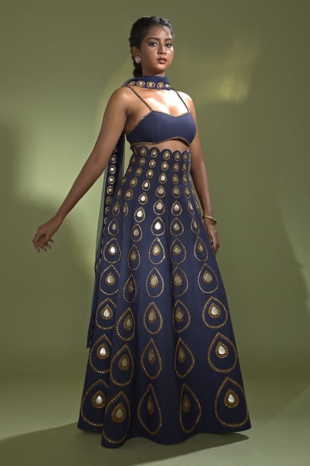 Shop Aurul Blue Silk, Linen Beads, Gota Patti, Zari Sweetheart Neck Embellished Lehenga Set Online at Aza Fashions Shop_Aurul_Blue Silk, Linen Beads, Gota Patti, Zari Sweetheart Neck Embellished Lehenga Set _Online_at_Aza_Fashions