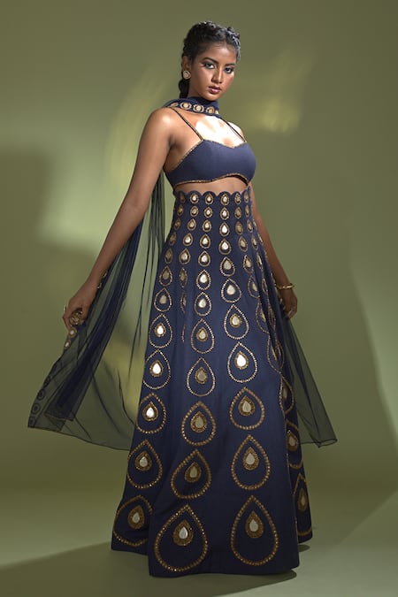 Aurul Blue Silk, Linen Beads, Gota Patti, Zari Sweetheart Neck Embellished Lehenga Set at Aza Fashions Aurul_Blue Silk, Linen Beads, Gota Patti, Zari Sweetheart Neck Embellished Lehenga Set _at_Aza_Fashions