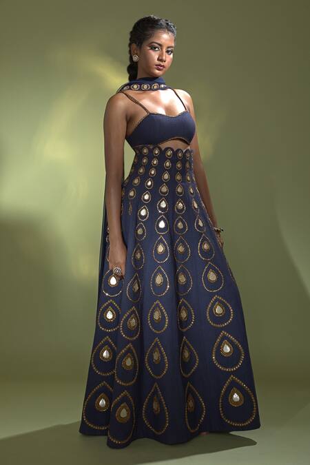 Buy Aurul Blue Silk, Linen Beads, Gota Patti, Zari Sweetheart Neck Embellished Lehenga Set Buy_Aurul_Blue Silk, Linen Beads, Gota Patti, Zari Sweetheart Neck Embellished Lehenga Set