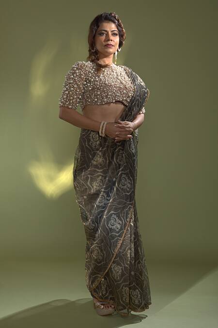 Shop_Aurul_Blue Net, Silk, Linen Pearls Round Neck Floral Pattern Saree With Blouse _Online_at_Aza_Fashions