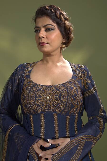 Aurul_Blue Silk, Linen, Organza Embroidery, Embellished Yoke Anarkali With Dupatta _Online_at_Aza_Fashions