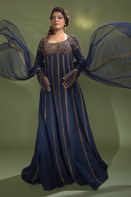 Shop_Aurul_Blue Silk, Linen, Organza Embroidery, Embellished Yoke Anarkali With Dupatta _Online_at_Aza_Fashions