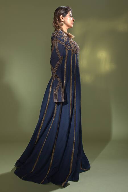 Aurul_Blue Silk, Linen, Organza Embroidery, Embellished Yoke Anarkali With Dupatta _at_Aza_Fashions