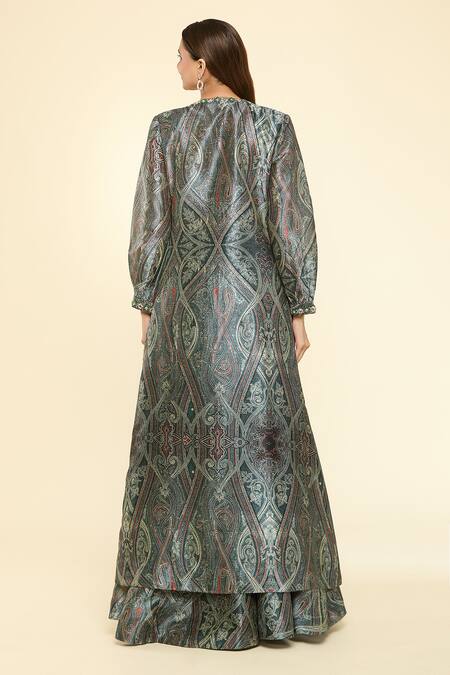 Shop Samyukta Singhania Green Silk Stones Asymmetric, Open Neck Embellished Hem Jacket With Lehenga Set at Aza Fashions Shop_Samyukta Singhania_Green Silk Stones Asymmetric, Open Neck Embellished Hem Jacket With Lehenga Set _at_Aza_Fashions