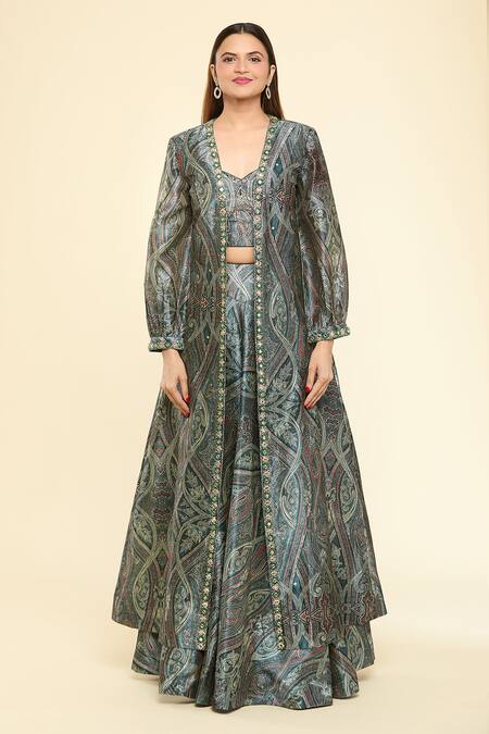Samyukta Singhania Green Silk Stones Asymmetric, Open Neck Embellished Hem Jacket With Lehenga Set Online at Aza Fashions Samyukta Singhania_Green Silk Stones Asymmetric, Open Neck Embellished Hem Jacket With Lehenga Set _Online_at_Aza_Fashions