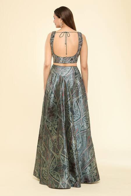 Buy Samyukta Singhania Green Silk Stones Asymmetric, Open Neck Embellished Hem Jacket With Lehenga Set Online at Aza Fashions Buy_Samyukta Singhania_Green Silk Stones Asymmetric, Open Neck Embellished Hem Jacket With Lehenga Set _Online_at_Aza_Fashions