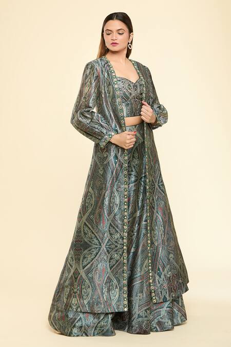 Shop Samyukta Singhania Green Silk Stones Asymmetric, Open Neck Embellished Hem Jacket With Lehenga Set Online at Aza Fashions Shop_Samyukta Singhania_Green Silk Stones Asymmetric, Open Neck Embellished Hem Jacket With Lehenga Set _Online_at_Aza_Fashions