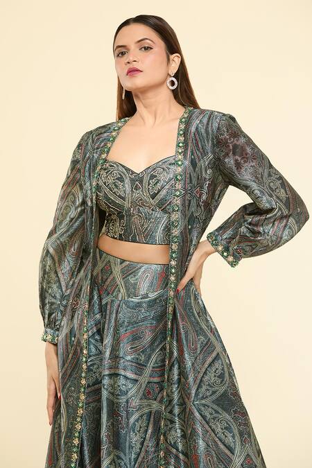 Samyukta Singhania Green Silk Stones Asymmetric, Open Neck Embellished Hem Jacket With Lehenga Set at Aza Fashions Samyukta Singhania_Green Silk Stones Asymmetric, Open Neck Embellished Hem Jacket With Lehenga Set _at_Aza_Fashions