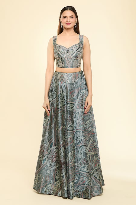 Buy Samyukta Singhania Green Silk Stones Asymmetric, Open Neck Embellished Hem Jacket With Lehenga Set Buy_Samyukta Singhania_Green Silk Stones Asymmetric, Open Neck Embellished Hem Jacket With Lehenga Set