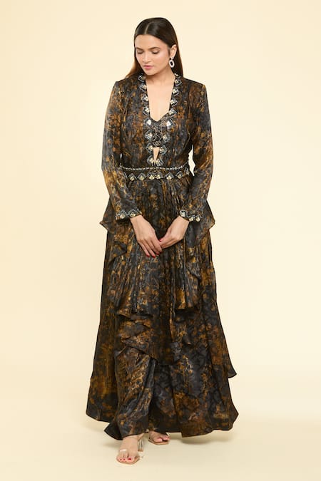 Samyukta Singhania Black Satin Jacquard Printed Crystal Floral Veil Sharara Set With Jacket 