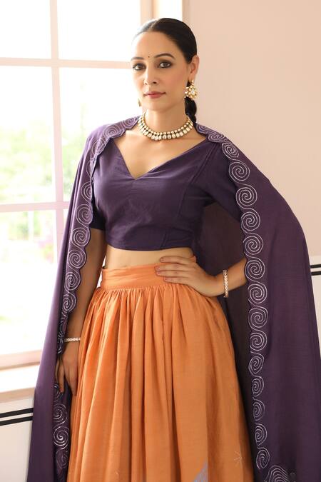 Pheeta_Orange Lehenga And Blouse Cotton Hand Painted V Neck Amber Set_Online_at_Aza_Fashions