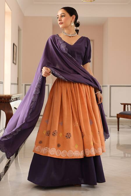 Shop_Pheeta_Orange Lehenga And Blouse Cotton Hand Painted V Neck Amber Set_Online_at_Aza_Fashions