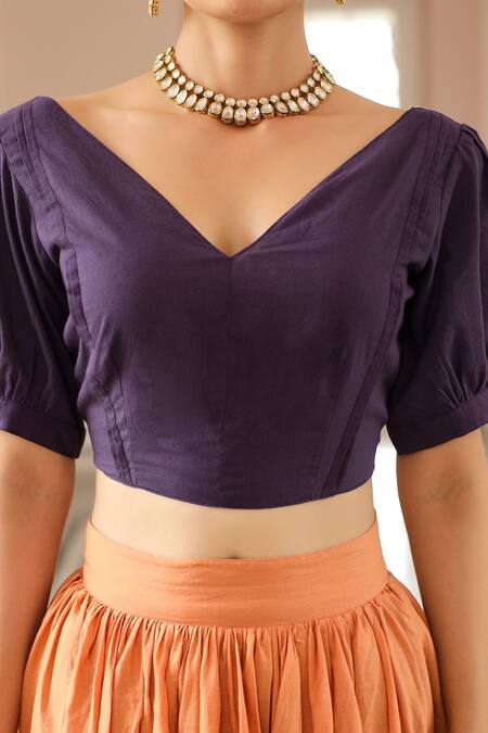 Pheeta_Orange Lehenga And Blouse Cotton Hand Painted V Neck Amber Set_at_Aza_Fashions