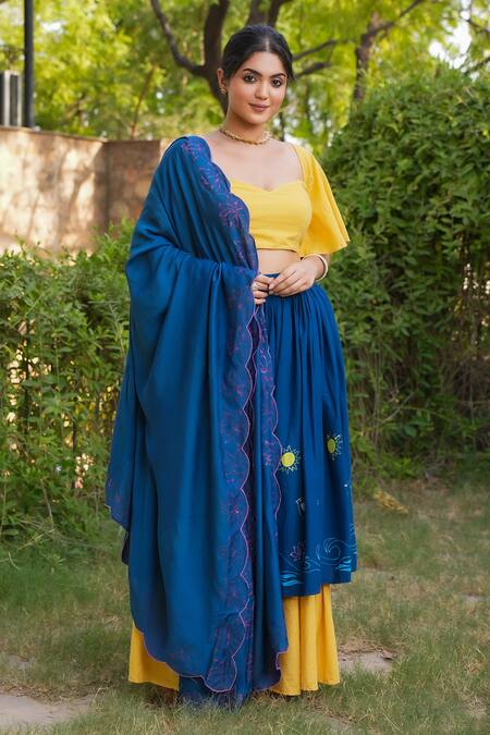 Pheeta_Yellow Lehenga And Blouse Cotton Hand Painted Beach Day Motifs Kiran Set_Online_at_Aza_Fashions
